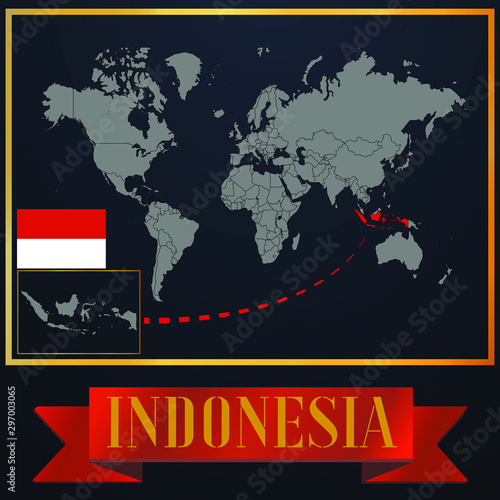 Indonesia solid country outline silhouette  realistic globe world map template  atlas for infographic  vector illustration  isolated object  background  national flag. countries set 
