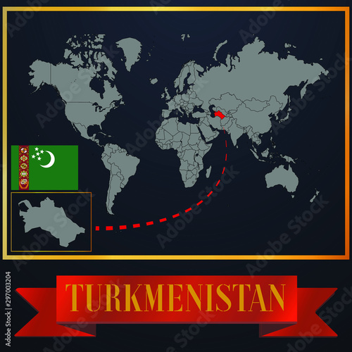 Turkmenistan solid country outline silhouette  realistic globe world map template  atlas for infographic  vector illustration  isolated object  background  national flag. countries set 