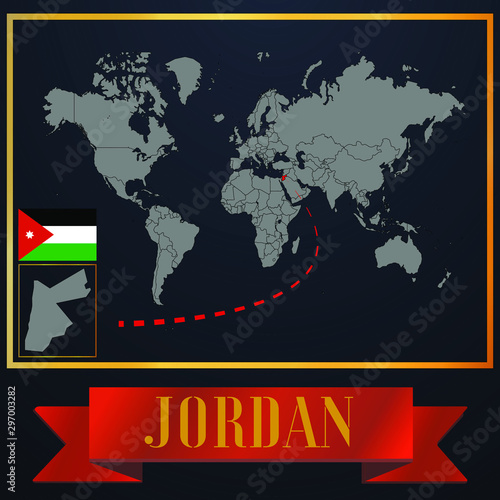 Jordan solid country outline silhouette  realistic globe world map template  atlas for infographic  vector illustration  isolated object  background  national flag. countries set 