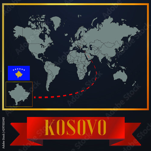 Kosovo solid country outline silhouette  realistic globe world map template  atlas for infographic  vector illustration  isolated object  background  national flag. countries set 