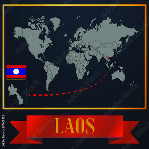 Laos solid country outline silhouette  realistic globe world map template  atlas for infographic  vector illustration  isolated object  background  national flag. countries set 