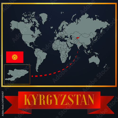 Kyrgyzstan solid country outline silhouette  realistic globe world map template  atlas for infographic  vector illustration  isolated object  background  national flag. countries set 