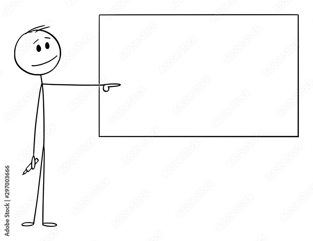 Vector cartoon stick figure drawing conceptual illustration of man or  businessman or teacher with marker in hand pointing at empty whiteboard.  Stock Vector | Adobe Stock
