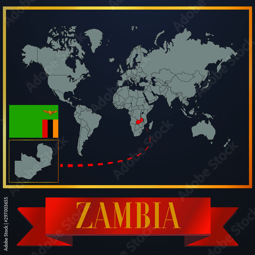 Zambia solid country outline silhouette  realistic globe world map template  atlas for infographic  vector illustration  isolated object  background  national flag. countries set 