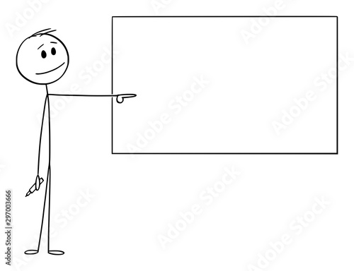 Vector cartoon stick figure drawing conceptual illustration of man or businessman or teacher with marker in hand pointing at empty whiteboard.
