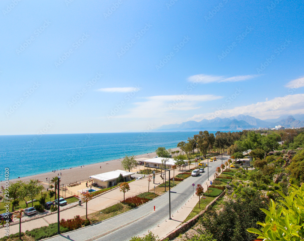 The road along the beach. View of the Mediterranean Sea. View from above. Antalya, Turkey, April 6, 2019.