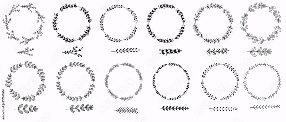 Wreath with leaves vector. Hand drawn branches with leaves. Black and white ornaments vintage. Illustrations wreath invitation Wreath with leaves vector. Hand drawn branches with leaves. Black and white ornaments vintage. Illustrations wreath invitation