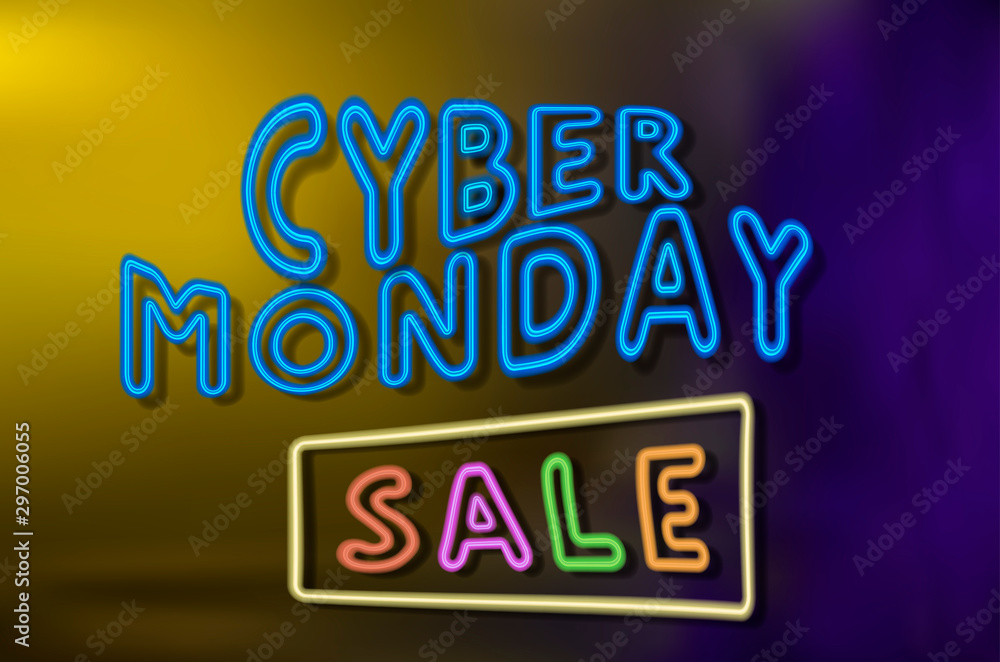 Fototapeta premium Cyber monday sale sign. Neon big discounts logo. Vector bright blue, red, purple, green and orange text with shadows on the dark background.