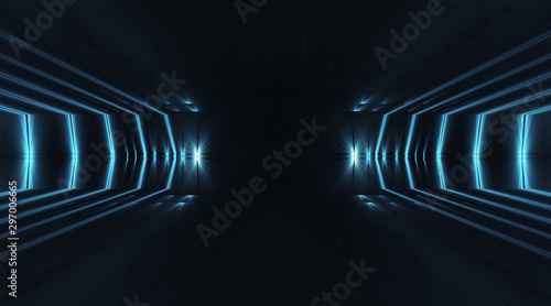 Dark abstract background, neon blue light. Empty dark scene with spotlights. Blue background with rays, light lines. photo