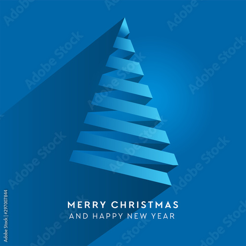 Simple vector christmas tree made from paper stripe - original new year card. Volume blue paper cut fir like arrow with shadow.