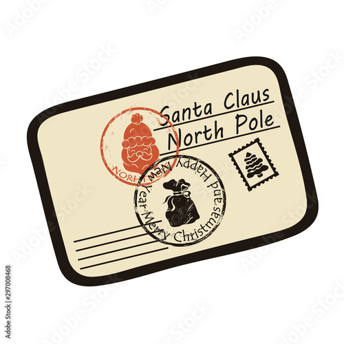 Christmas envelope with letter to Santa Claus with stamps and postage marks vector image. Letter for Santa Claus North Pole. Christmas theme. Handwritten letter to Santa from child. Santa Claus mail.