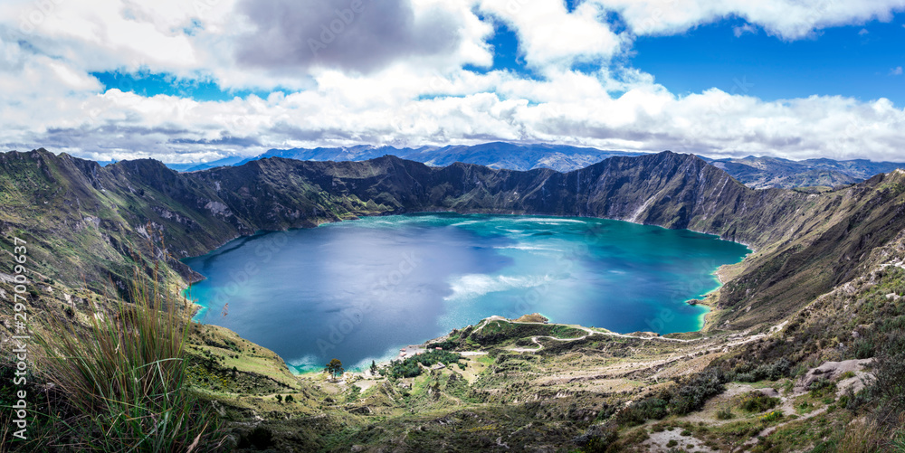 Panoramic view of a lake within a volcano crater named Quilotoa. South America, Ecuador