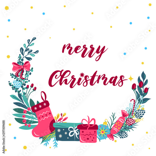 Christmas card with wreath from flowers and branches, and gifts of candy and socks and the words merry Christmas