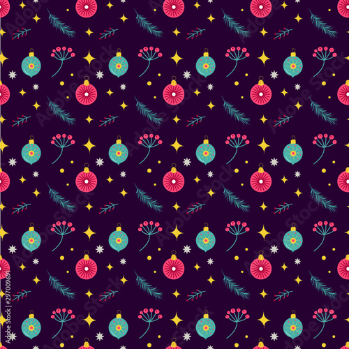 pattern Christmas balls and branches of spruce and Rowan on dark background