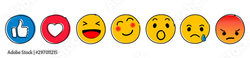 Set of Emoticons. Emoji social network reactions icon. Yellow smilies, set smiley emotion, by smilies, cartoon emoticons - stock vector