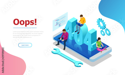 Isometric error 404 page layout vector design. The page you requested could not be found. Website 404 page creative concept. Website under construction page.