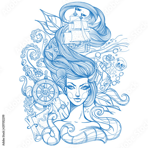 Girl with long hair outline sketch. Portrait of a young woman. Face and make-up. Fabulous sea princess. Mermaid. Monochrome illustration for tattoos, stickers, t-shirt and other items.