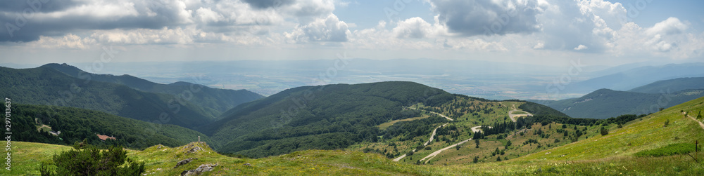 Panoramic view of Shipka Pass from Buzludzha Peak. Shipka Pass - a scenic mountain pass through the Balkan Mountains in Bulgaria.