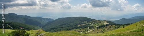 Panoramic view of Shipka Pass from Buzludzha Peak. Shipka Pass - a scenic mountain pass through the Balkan Mountains in Bulgaria. © Sergey Kohl