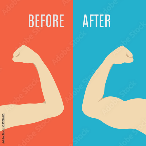 Man flexing biceps muscles on strong and weak arms. Before and after fitness training result. Human body icon. Sport and achievement concept. Vector illustration on red and blue background.
