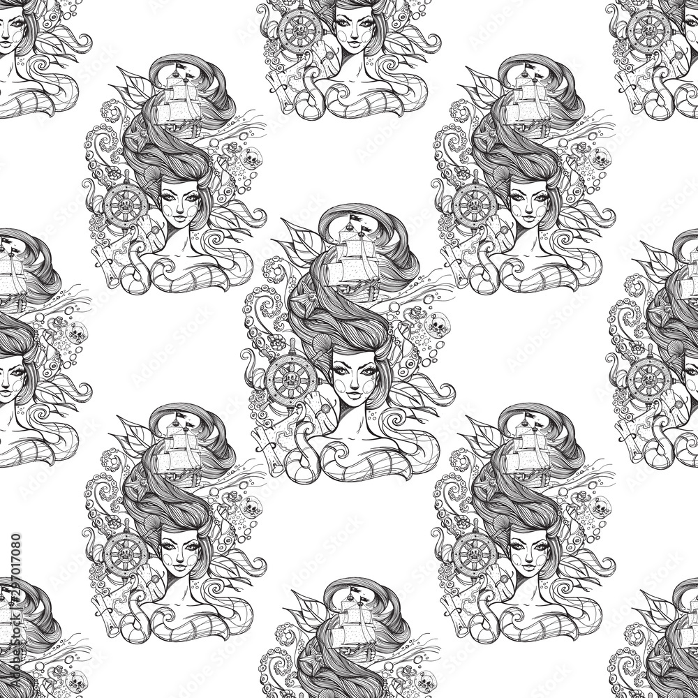Seamless pattern with gray outline image of a mermaid portrait with long hair on a white background. Repeating pattern to design the surface of various objects, textiles, objects, paper, wallpaper.