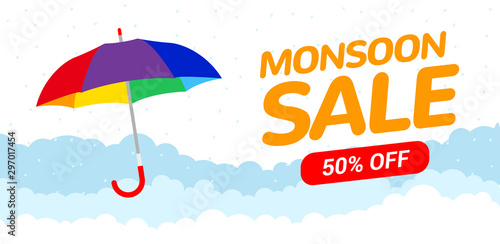 Monsoon sale offer rain season background. Rainy monsoon promotion poster template