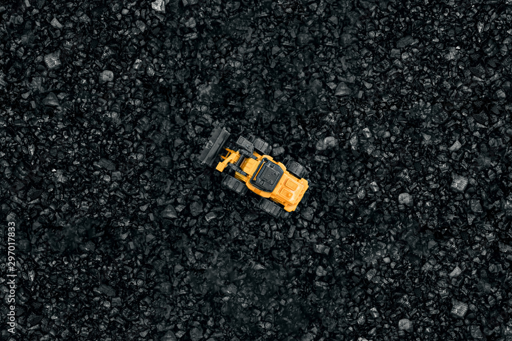 Obraz premium Open pit coal mining, transportation and logistics, top view. Fossil fuels, environmental pollution.