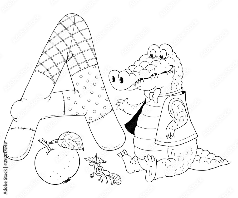 Capital letter A. Alligator, apple, ant. English alphabet. Letters with  pictures. Coloring page. Cute and funny cartoon characters. Stock  Illustration | Adobe Stock