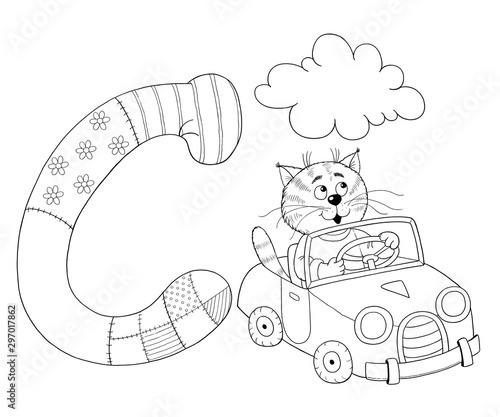 Capital letter C. Cat, car, cloud. English alphabet. Letters with pictures. Coloring page. Cute and funny cartoon characters. photo