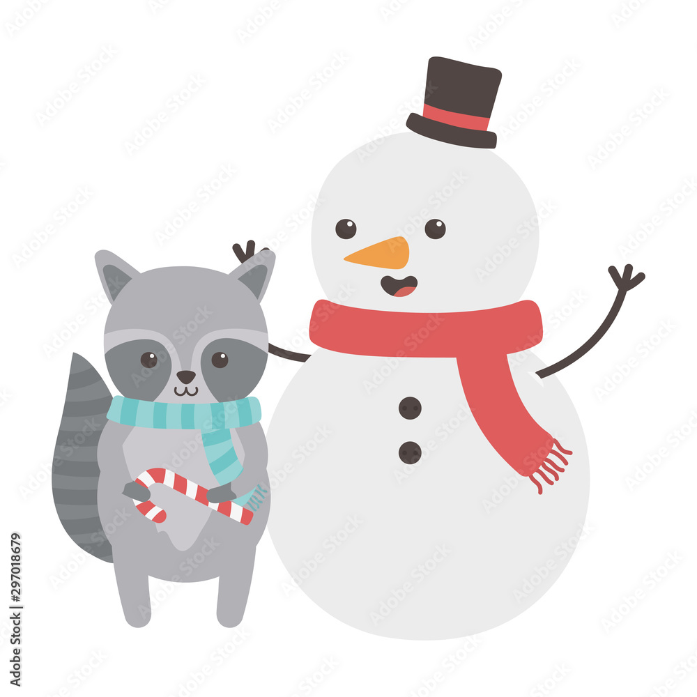 Obraz premium cute snowman with raccoon with candy cane merry christmas