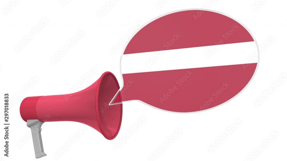 Loudspeaker and flag of Latvia on the speech bubble. Language or national statement related conceptual 3D animation Loudspeaker and flag of Latvia on the speech bubble. Language or national statement related conceptual 3D animation