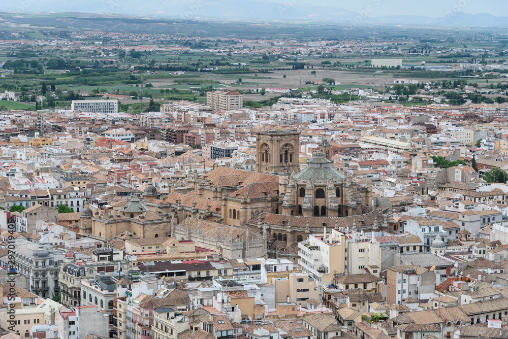 view of granada, aerial view of granada city center and the cathedral. spain, anadalusia