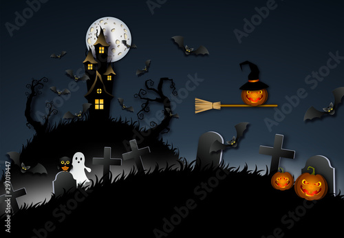 Halloween banner with haunted house, pumpkins, bats and graveyard. Paper cut style vector illustration