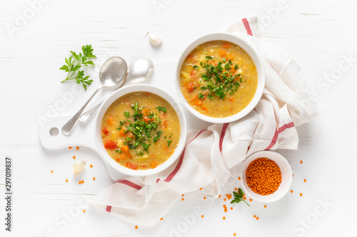 Vegetarian vegetable lentil soup with fresh parsley, healthy eating, top view