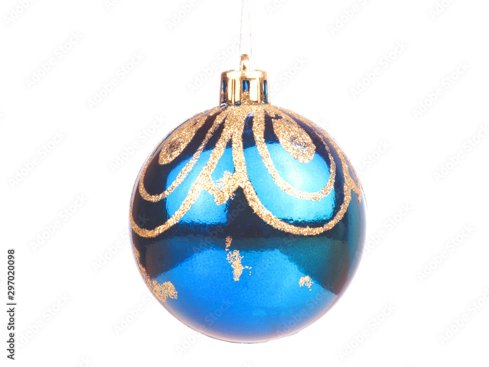 Blue Christmas ball with stripes on a white isolated background Blue Christmas ball with stripes on a white isolated background