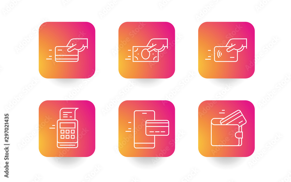 Fototapeta premium Set of payment options vector elements in flat style. Credit card processing, hand holding debit-credit card, cash, wallet, mobile banking and receipt.