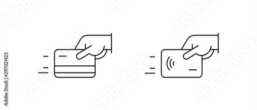 Set of payment options vector elements in flat style. Credit card processing, hand holding debit-credit card, cash and receipt.