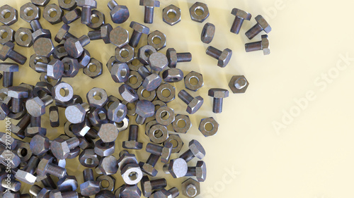 metal screws nuts and bolts hardware 3D illustration rendering