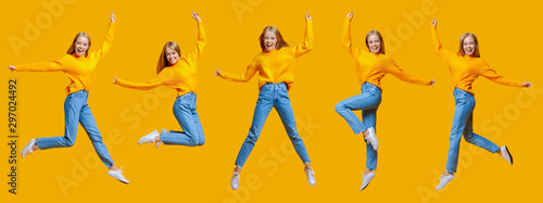 Collage of joyful girl jumping in air over orange background