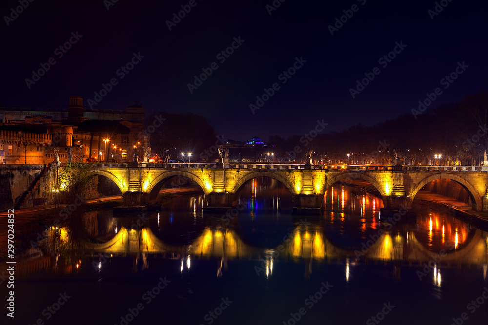 night scene with St Angelo Bridge in Rome