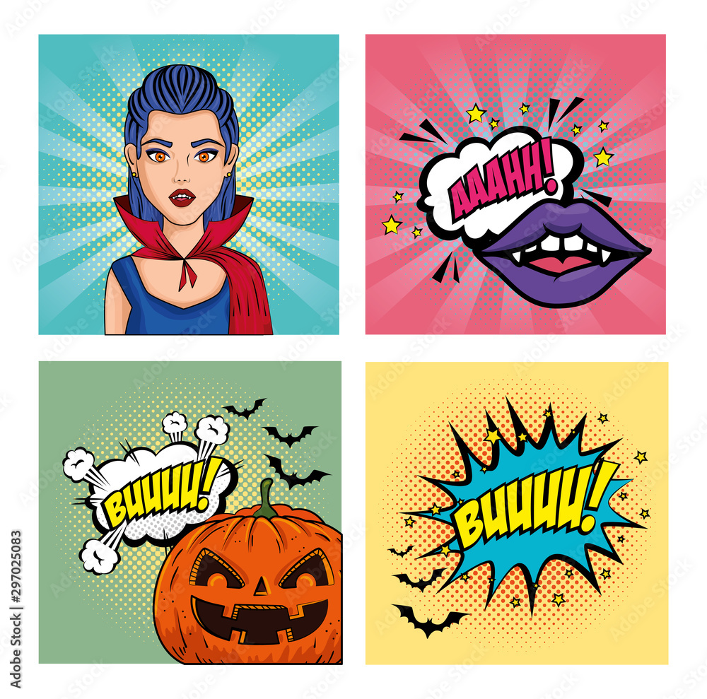 set of poster of halloween style pop art vector illustration design