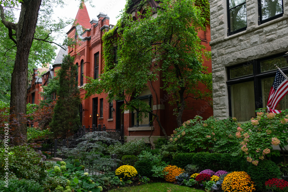 Row of Old Brick Homes and a Colorful Garden in Lincoln Park Chicago