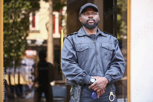 Photo African-American security guard outdoors