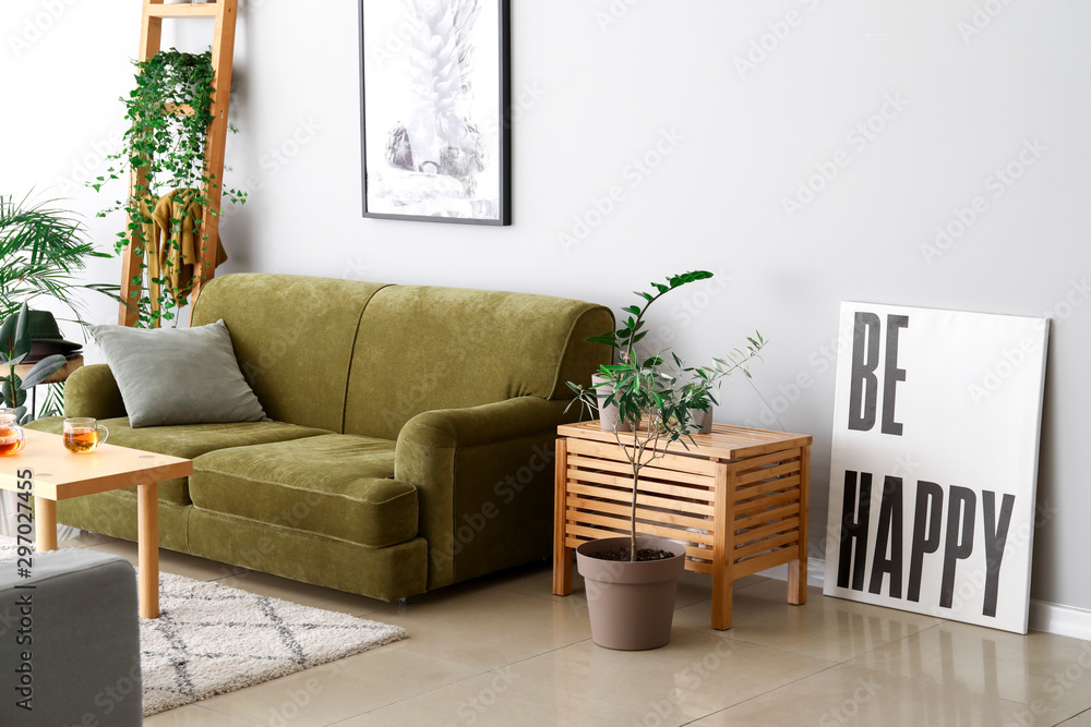 Stylish interior of room with green houseplants - obrazy, fototapety, plakaty 