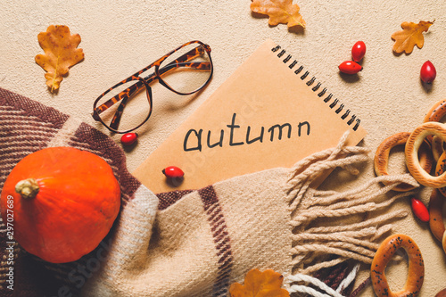 Beautiful autumn composition with notebook, scarf and glasses on color background photo