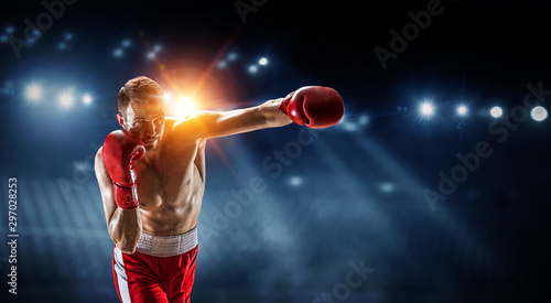 Professional boxer punch on dark arena © Sergey Nivens
