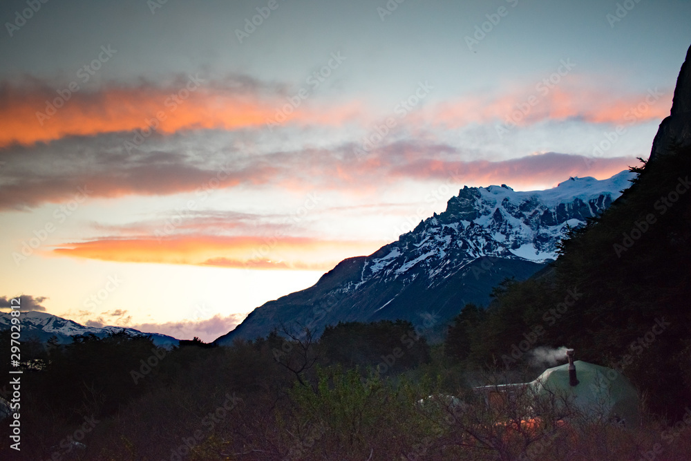 Sunrise at Cuernos Campsite In Torres del Paine National Park, Patagonia Chile