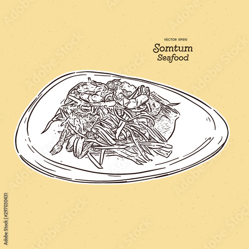 papaya salad or som-tum, with seafood. thai food. hand draw sketch vector.