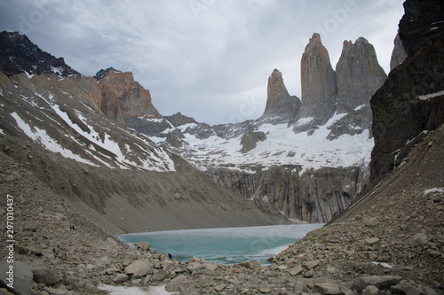 Laguna torres with the towers at sunset Torres del Paine National Park, Patagonia Chile