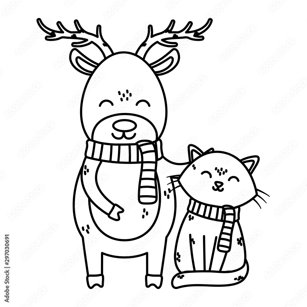 reindeer and cat with scarf celebration merry christmas thick line reindeer and cat with scarf celebration merry christmas thick line